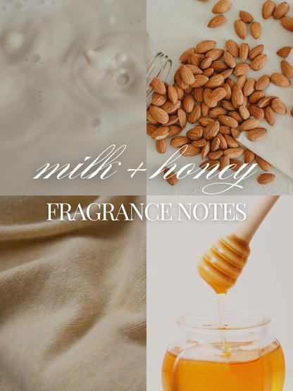 A four-panel collage with the text 'milk + honey FRAGRANCE NOTES' over it. The top-left panel shows creamy milk with small bubbles; the top-right panel shows almonds on a light surface with some scattered; the bottom-left panel shows soft beige fabric folds; the bottom-right panel shows honey dripping from a wooden dipper into a glass jar.