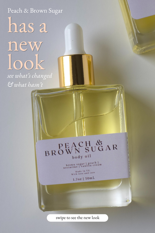 A bottle of Peach & Brown Sugar body oil with a white dropper cap and gold collar, shown on a light background with promotional text overlay.
