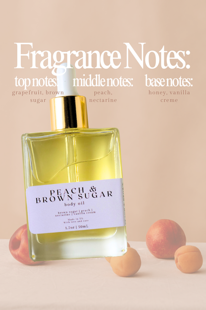 body oil bottle labeled 'Peach & Brown Sugar' with fragrance notes on a beige background