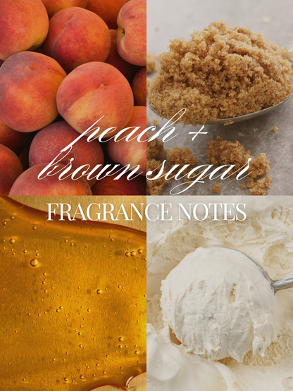 A four-panel fragrance note graphic with peaches, brown sugar in a spoon, honey, and vanilla ice cream, overlaid with the text 'peach + brown sugar FRAGRANCE NOTES'.