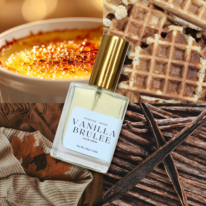 A perfume bottle labeled 'PORTER ROSE VANILLA BRULEE' with a gold cap, styled over a split background of a crème brûlée dessert and waffles with vanilla beans.