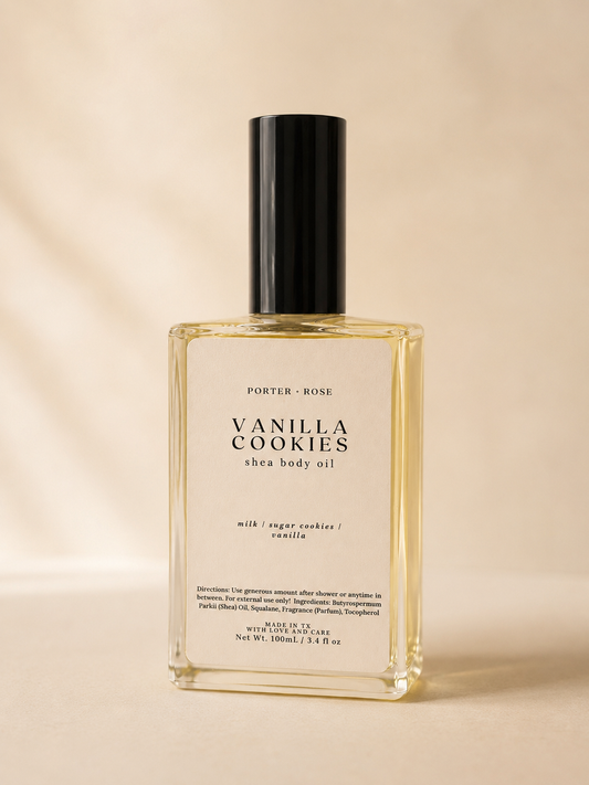 Vanilla Cookies shea body oil bottle on a beige background