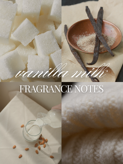 A four-panel collage with the text 'vanilla milk FRAGRANCE NOTES' over it. The panels show white sugar cubes, vanilla beans in a bowl with powder, milk being poured into a glass with almonds, and a soft cream-colored cashmere fabric texture.