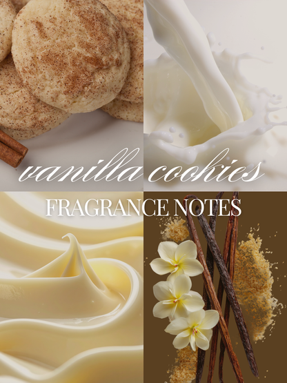 A four-panel collage with the text 'vanilla cookies FRAGRANCE NOTES' over it. The top-left panel shows vanilla cookies dusted with cinnamon; the top-right shows a milk splash; the bottom-left shows creamy vanilla swirls; the bottom-right shows vanilla beans, flowers, and powder on a brown background.