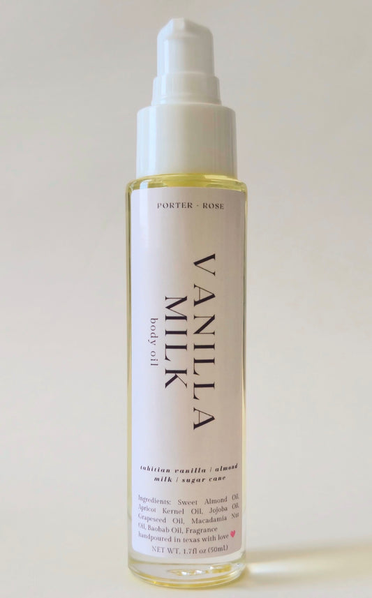 A bottle of Porter Rose Vanilla Milk body oil with a white pump dispenser and a white label, set against a plain off-white background.