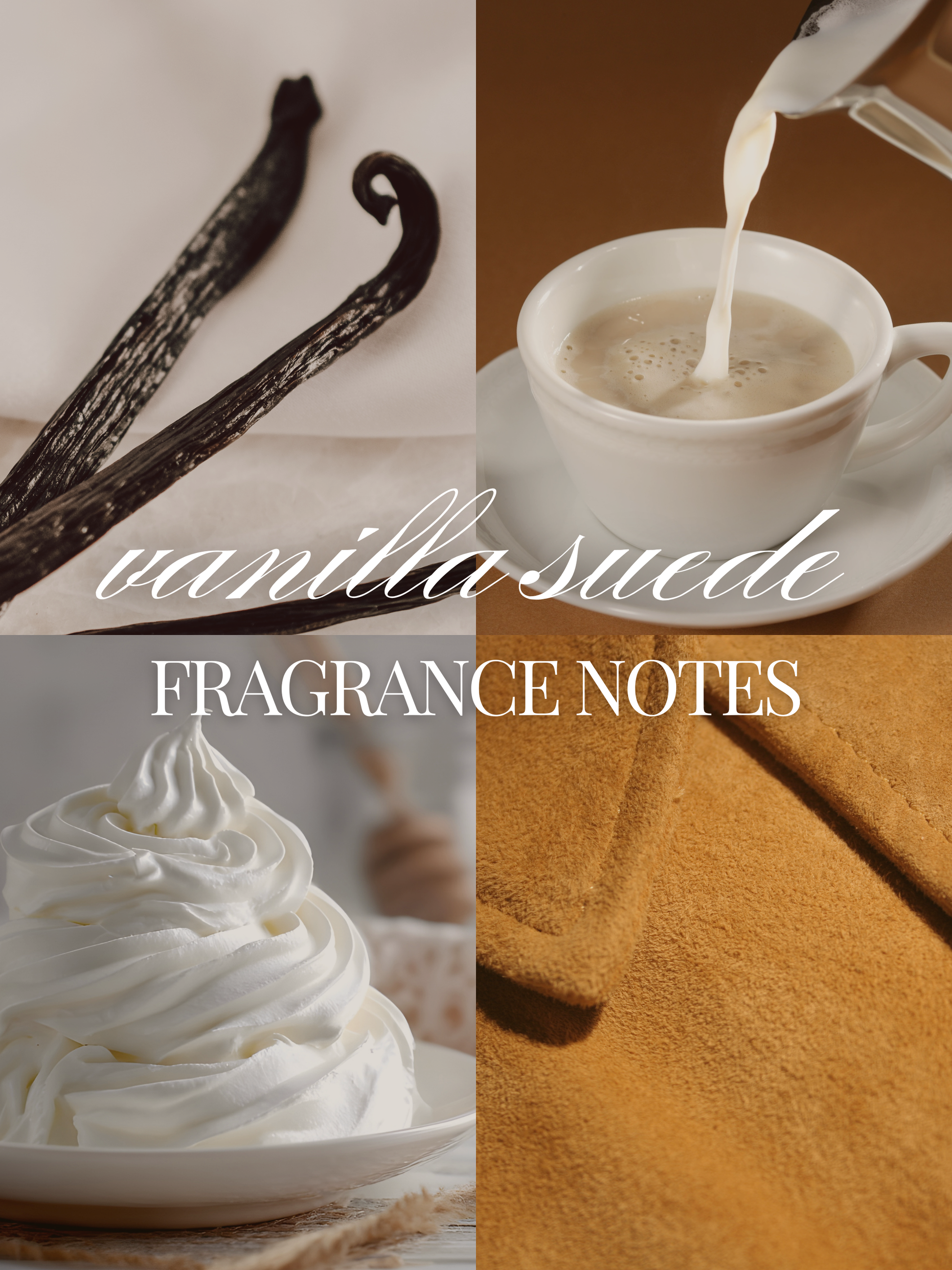A four-panel collage with vanilla beans, milk being poured into a cup, whipped cream on a plate, and a close-up of warm tan suede-like texture. White script text reads 'vanilla suede' and bold white text reads 'FRAGRANCE NOTES'.