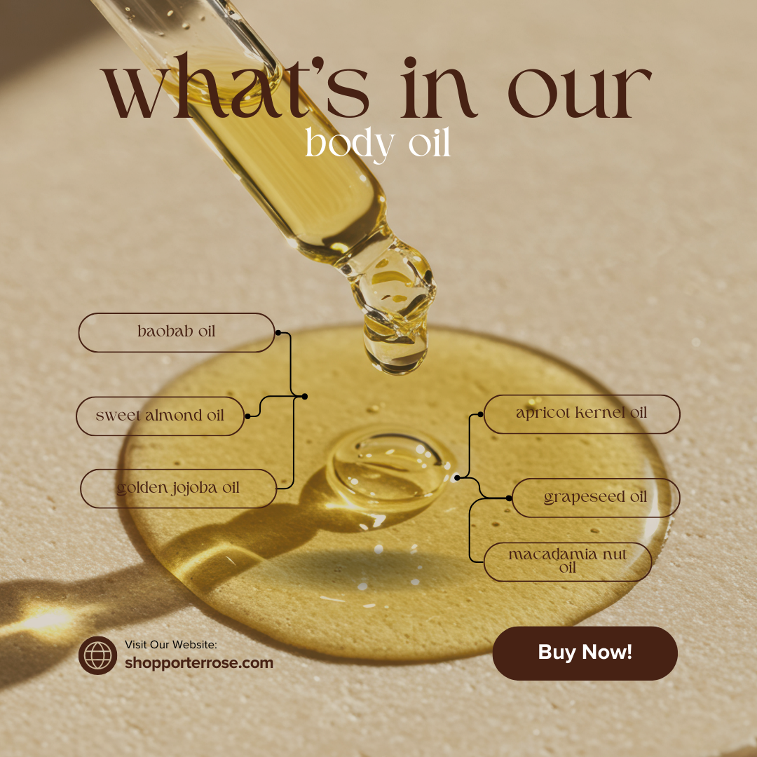 Body oil dropper with a close-up of oil droplets and text detailing oils used, with 'Shop Porter Rose' branding.